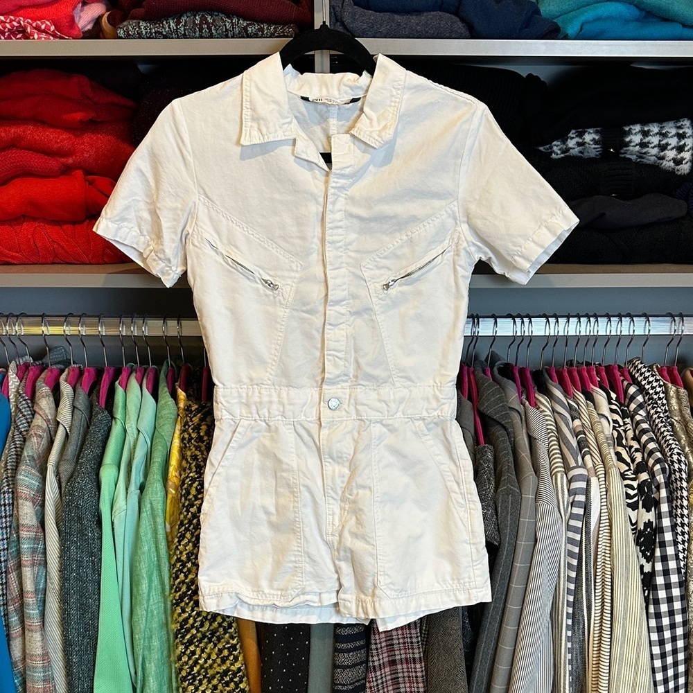Zara white short sleeve 6 pocket romper size XS